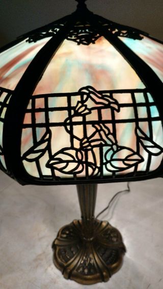 Antique Miller Slag Glass Lamp with Eight panels,  Empire shade Handel Era 3