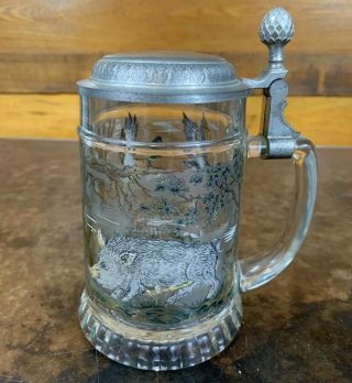 Vintage West Germany Boar Pewter Lidded Beer Stein Glass Mug Cup