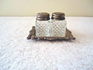 Vintage Small Glass Square Set Of S&p Shakers On A Silver Plated Tray