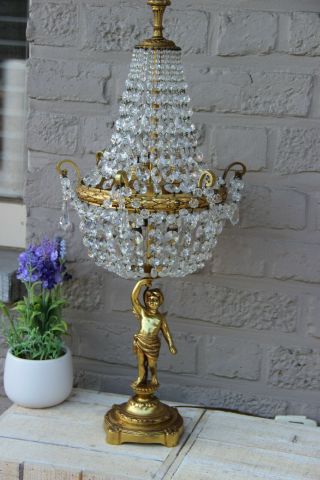 Gorgeous French Brass Crystal Glass Putti Angel Table Lamp 1970