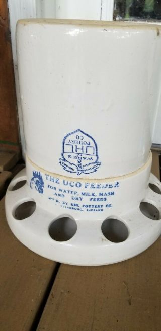 Antique Vintage Stoneware Uhl Chicken Waterer Feeder Farm Advertising Crock