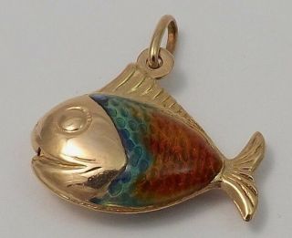 Vintage 18k Yellow Gold Puffy Enamel Tropical Multi Color Fish Charm Pendant