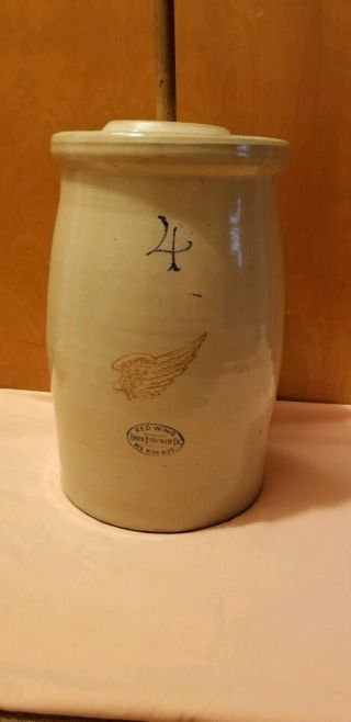 Antique Vintage 4 Gallon Red Wing Union Stoneware Butter Churn - Age Early 1900