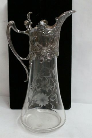 Art Nouveau Wmf Silverplate Etched Flowers Stylized Glass Claret Jug