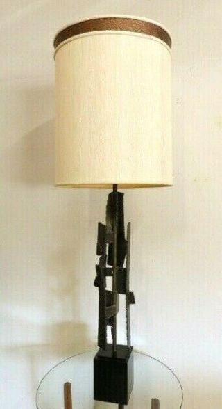Mid Century Brutalist Harry Balmer Iron Sculpture Table Lamp & Shade By Laurel