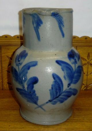 Antique Blue Decorated Stoneware 2 Gallon Pitcher - 13 1/4 "