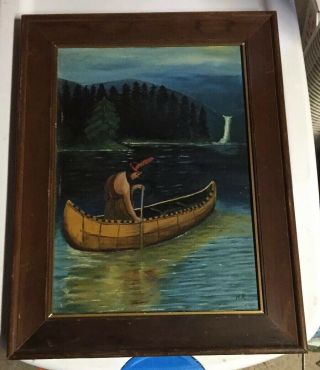 Vintage Framed Painting Of A Native American Indian Woman In A Canoe On A River