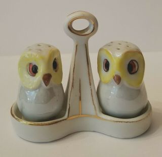 Vintage Small Owl Salt And Pepper Shakers With Holder Made In Germany