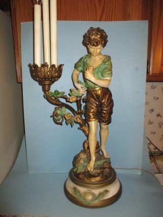 Antique Vintage Art Nouveau Spelter French Figural Newel Post Lamp Lf Moreau 35 "