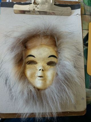 Vintage Alaska Native Child Mask Skin Face With Fur Trim Euc
