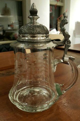 Etched ½l Glass Tankard With Hinged Pewter Lid In