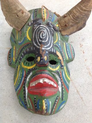 Antique Mexican Devil Mask Wood Carving Tribal Hand Painted