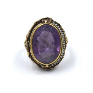 Antique Victorian Amethyst Seed Pearl Ring Filigree 14k Yellow Gold Size 8.  5 Nr