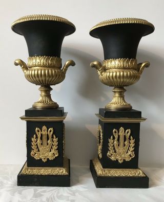 Pair French Empire Urns Vases Black And Gold Antique Neoclassical