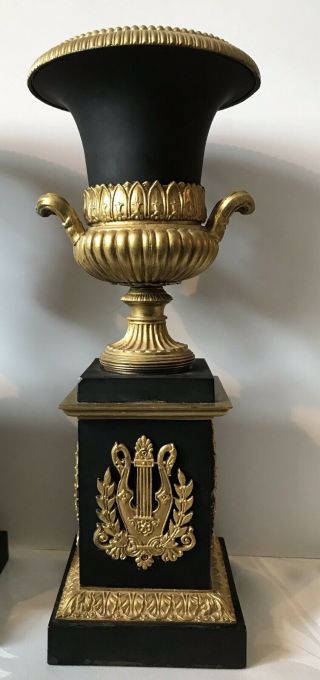 PAIR FRENCH EMPIRE URNS VASES BLACK AND GOLD ANTIQUE NEOCLASSICAL 2