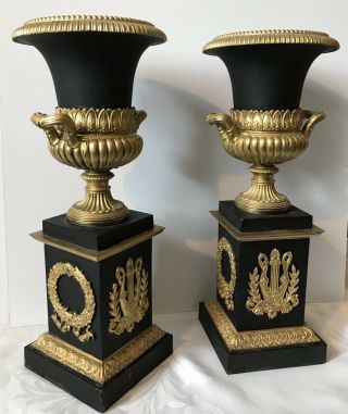 PAIR FRENCH EMPIRE URNS VASES BLACK AND GOLD ANTIQUE NEOCLASSICAL 3