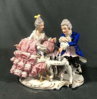 Vintage Dresden Lace Porcelain Figurine Couple Playing Chess Germany