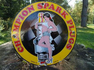 Old Vintage 1961 Spark Plugs Porcelain Sign Pin Up Girl Usa Service