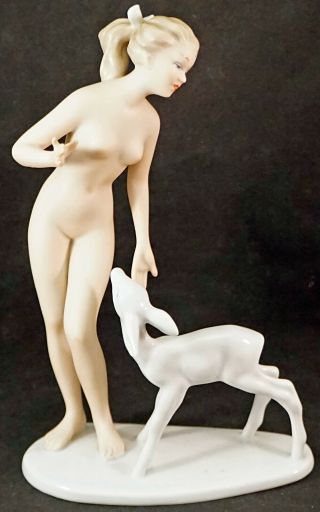 Wallendorf Porcelain Hand Painted Figurine Nude Lady With Fawn (baby Deer)