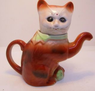 Red Ceramic Cat Feline Tea Pot Vintage