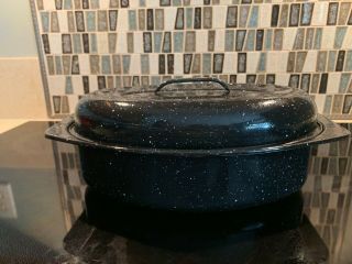 Vintage Enamel Ware Oval Roasting Pan With Lid Black Speckled