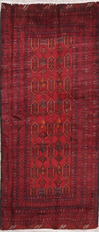 VINTAGE Geometric Balouch Afghan Oriental Area Rug Hand - Knotted RED Carpet 4x7 2