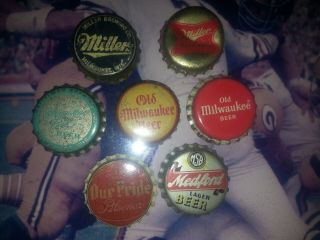 7 Vintage Beer Bottle Cap Crowns Cork Lined Miller,  Old Milw. ,  Milw.  Best