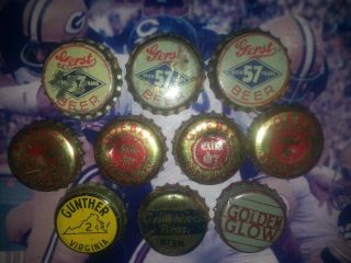 10 Vintage Beer Bottle Cap Crowns Cork Lined Gerst,  Goebel,  Golden Glow