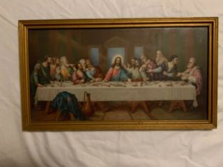 Vintage " The Last Supper " By Zabateri Gold Wood Frame Religious Print Jesus