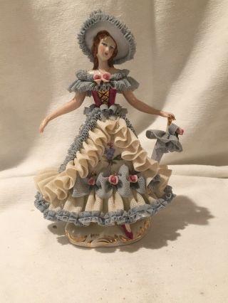 5 3/4 " Antique German Dresden Lace Volkstedt Lady Blue Dress Porcelain Figurine