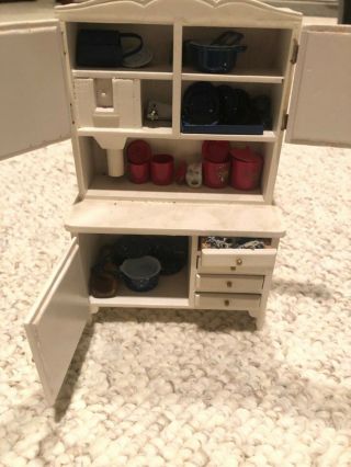 Antique Dollhouse Miniature Kitchen Hutch Cabinet 1:12 Farmhouse Dishes Blender