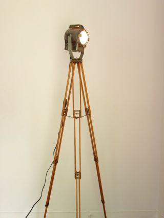 Vintage Tripod Floor Lamp,  Century Movie Spotlight,  Industrial Decor Wooden Light