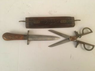 Vintage Carving Set Knife Scissors Wooden Brass Sheath Hand Carved Ornate Wood I