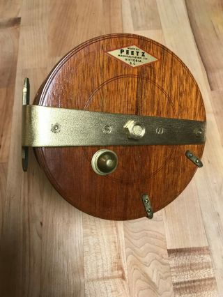 Vintage Peetz 6 Inch Wood And Brass Fishing Reel Made In Victoria B.  C Ca -