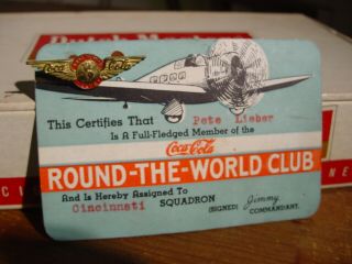 Vintage Rare 1934 Coca Cola Round - The - World Club Card & Badge Lindbergh & Post