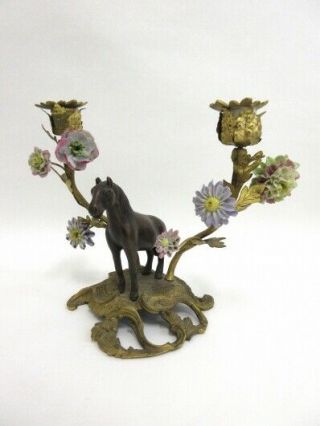 PAIR vintage Bronze horse porcelain flowers Candlesticks candle holder 1960 2