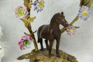 PAIR vintage Bronze horse porcelain flowers Candlesticks candle holder 1960 3