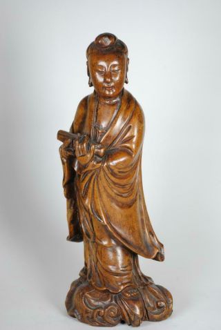 Antique Chinese Box Wood Carved Standing Kwan - Yin Statue