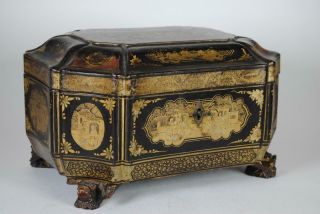 Rare Antique Chinese Pewter Tea Caddies Set In Lacquer & Gilded Wood Box