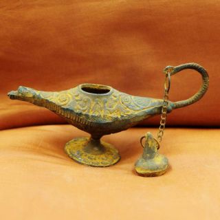 Rare Solid Antique Egyptian Bronze Islamic Oil Lamp.  Very Unique