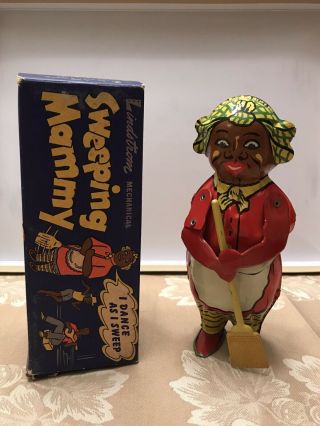 Vintage Lindstrom Sweeping Mammy - Black Americana Tin Litho Wind Up Toy,  1930’s