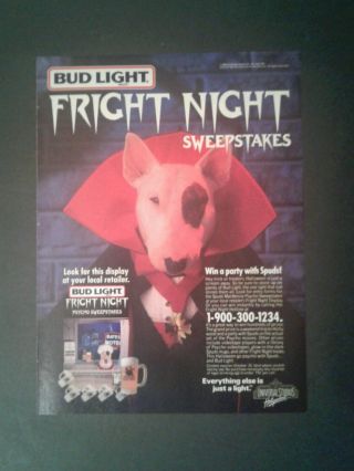 1988 Spuds Mackenzie Party Animal Bud Light Beer Dog Fright Night Halloween Ad