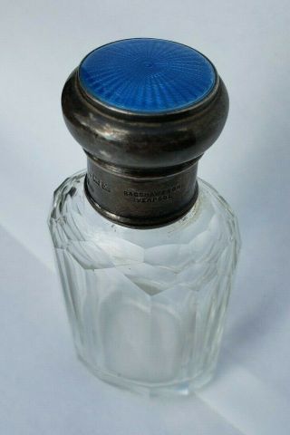 British Edwardian Blue Guilloche Enamel Sterling & Glass Vanity Perfume Flask