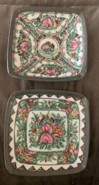 Antique Chinese Rose Medallion Porcelain 2 Square Dishes Pewter Incased