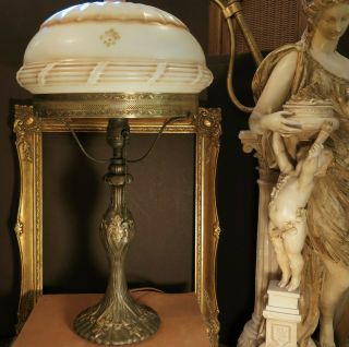 Fine Antique French Art Deco/ Nouveau Gilt Bronze Lamp W/ Opal Glass Shade C1920