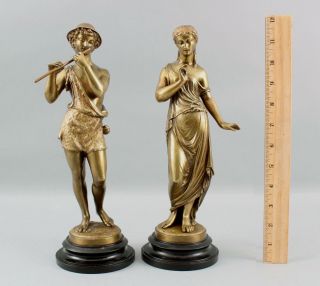 2 Antique 19thc Victorian Bronze Sculptures Young Shepherd Boy Flute Roman Woman