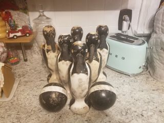 Rare 6 Antique Folk Art Wood Carved Penguin Bowling Pins Cir.  1935 With 2 Balls