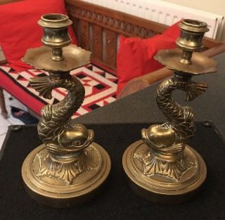 Vintage Antique Pair Two Figural Brass Dolphin Fishes Candlesticks Candle Sticks