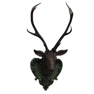 Antique Wooden Carved Deer Head With Orignal Antlers