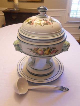 Vintage Italian Porcelain Soup Tureen And Underplate Hand Painted Italy Large